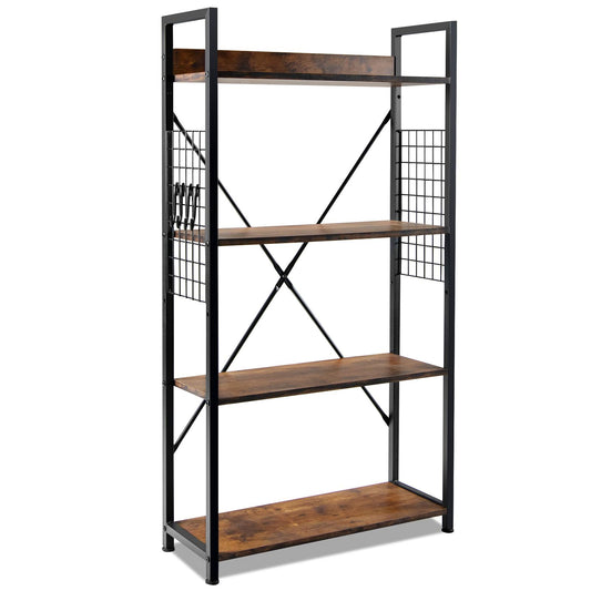 Giantex 4 Tier Bookshelf, Industrial Open Bookcase w/Non-Toppling Device & S-Shaped Hooks, Wood Look Display Shelf Plant Flower Stand for Home Office