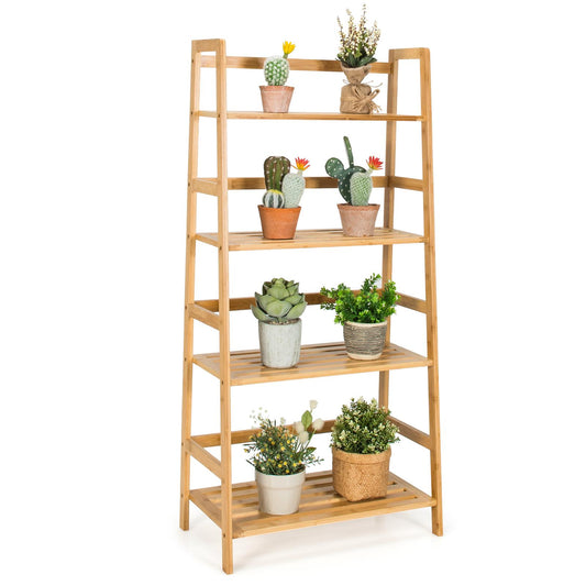 Giantex 4 Tier Bamboo Ladder Shelf, Freestanding Bookcase Storage Rack, Farmhouse Plant Stand