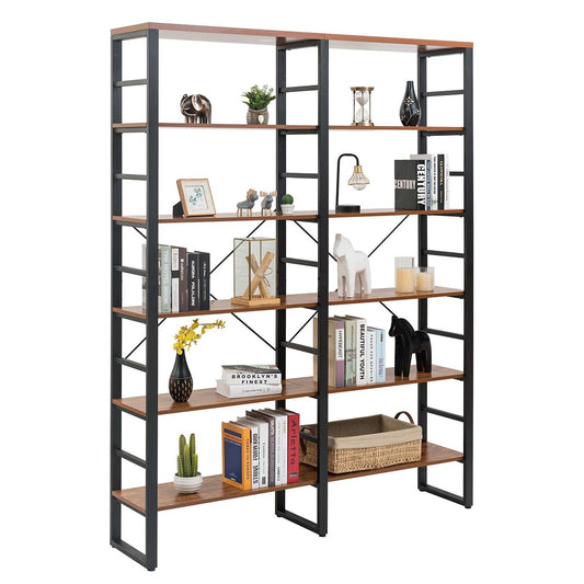 Giantex Double 6-Shelf Bookcase, Industrial Style Large Open Bookcases w/Metal Frame, Ample Storage Display Bookshelf for Home Office