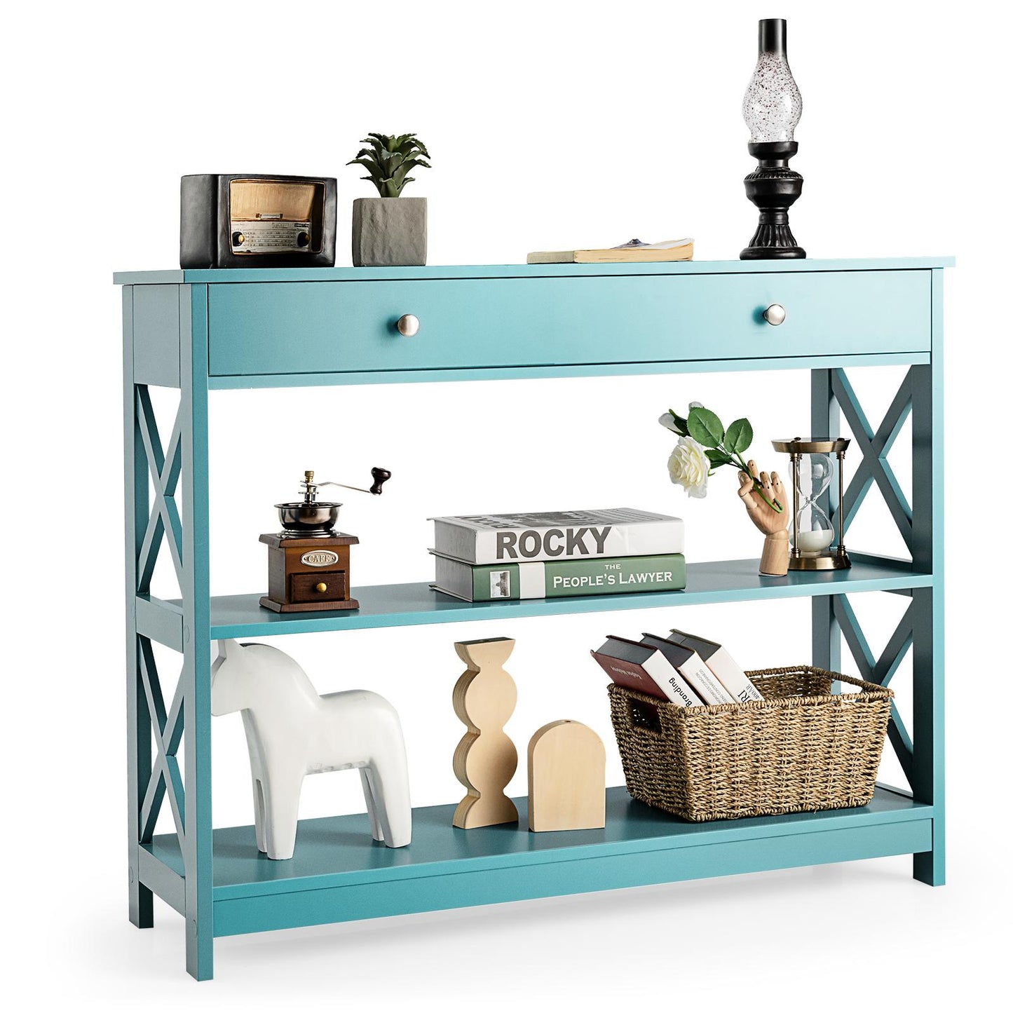 Giantex 3-Tier Console Table, Entryway Table w/2 Open Storage Shelves Drawer, Narrow Accent Table, Multifunctional Side Table, Turquoise