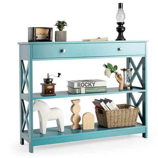 Giantex 3-Tier Console Table, Entryway Table w/2 Open Storage Shelves Drawer, Narrow Accent Table, Multifunctional Side Table, Turquoise