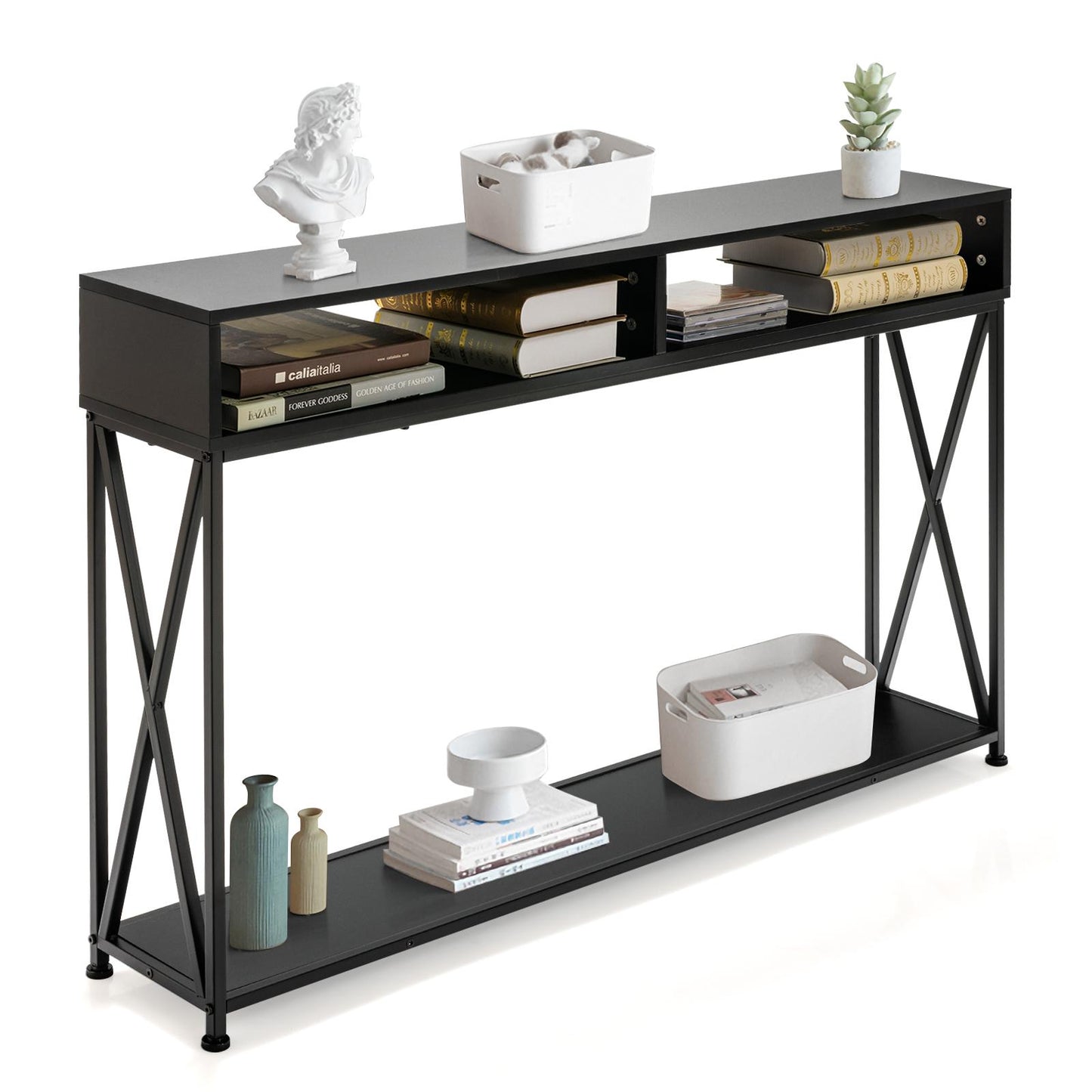 Giantex 3-Tier Console Table, Wood Sofa Table w/Open Shelf & X-Shape Metal Frame, Anti-Tipping Design, Industrial Side Table, Black