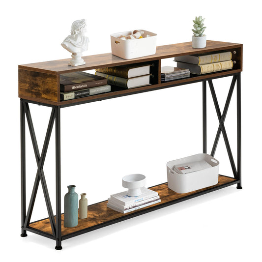 Giantex 3-Tier Console Table, Wood Sofa Table w/Open Shelf & X-Shape Metal Frame, Anti-Tipping Design, Industrial Side Table, Brown