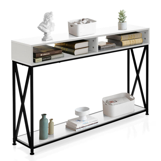 Giantex 3-Tier Console Table, Wood Sofa Table w/Open Shelf & X-Shape Metal Frame, Anti-Tipping Design, Industrial Side Table, White