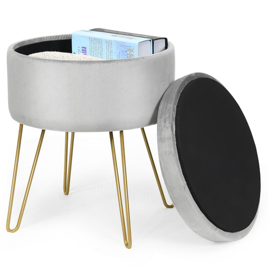 Giantex Velvet Round Storage Ottoman, Stool Seat w/Removable Lid, Grey
