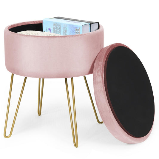 Giantex Velvet Round Storage Ottoman, Stool Seat w/Removable Lid, Pink