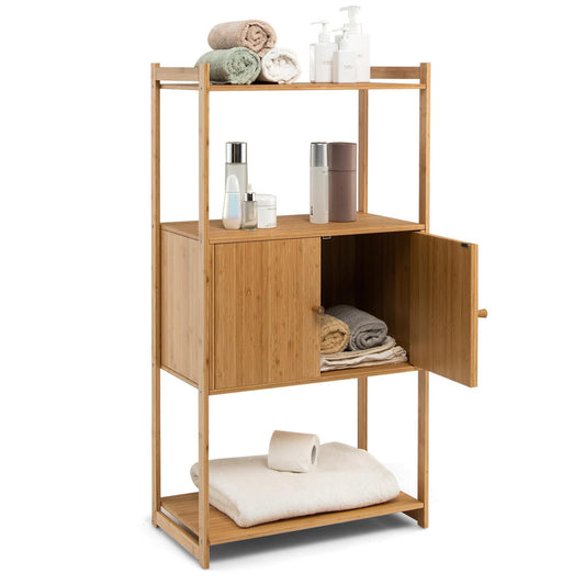 Bathroom Cabinet, Bamboo 4 Tier Floor Storage Cabinet w/Enclosed Cabinet, Freestanding Tall Rack, Multipurpose Storage Unit Organizer for Bathroom Kitchen Living Room