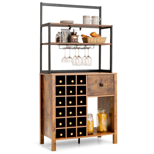 Giantex Bar Cabinet, Wine Storage Cabinet w/Detachable Glass Holder & Wine Racks, Kitchen Bakers Rack, Brown