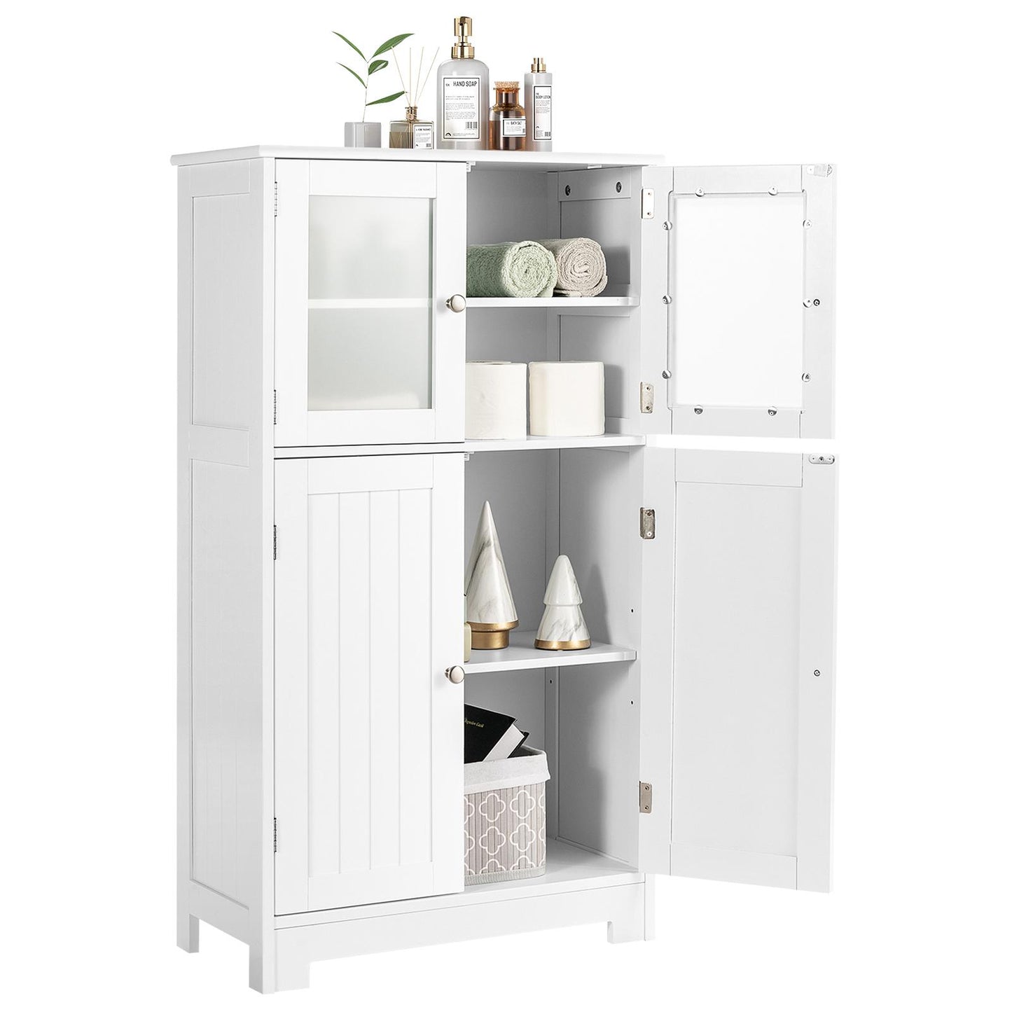 Giantex Bathroom Storage Cabinet w/Adjustable Shelf, Freestanding Wooden Floor Anti-toppling Device, Pantry Tempered Glass Doors for Kitchen Dining Room & Livingroom, White