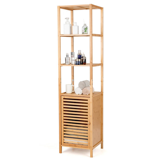 Giantex Tall Bamboo Cabinet, Slim Narrow Floor Freestanding Linen Tower Rack for Bathroom, Living Room or Kitchen