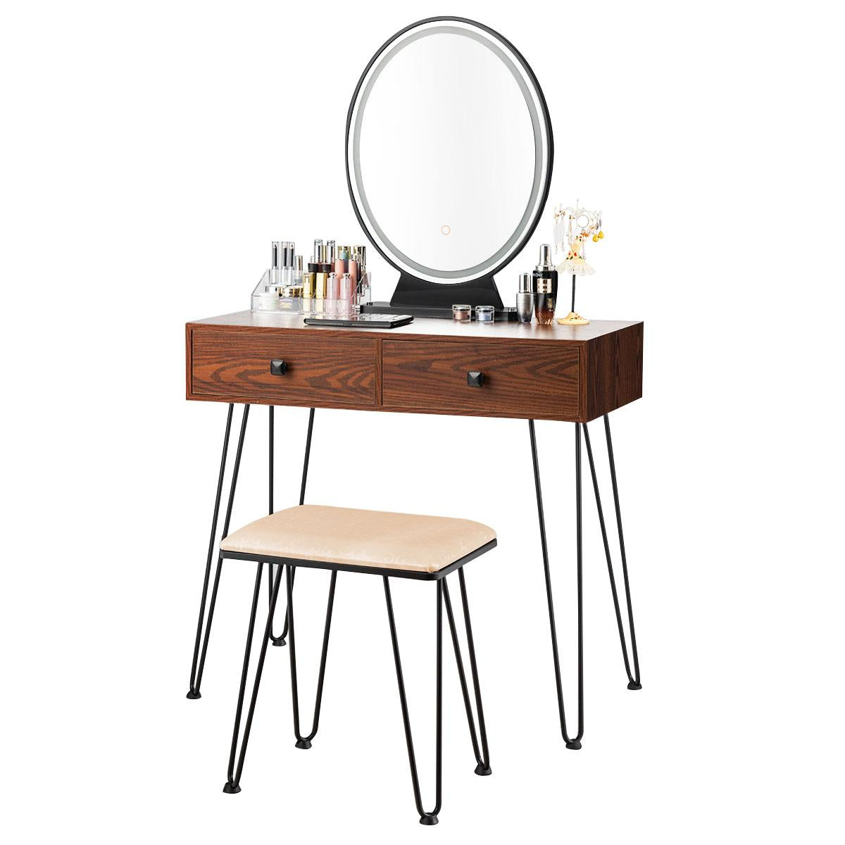 Giantex Vanity Table Set, Makeup Dressing Table w/3-Color Touch Screen Dimming Mirror, Additional Storage Organizer, Brown