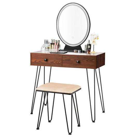 Giantex Vanity Table Set, Makeup Dressing Table w/3-Color Touch Screen Dimming Mirror, Additional Storage Organizer, Brown