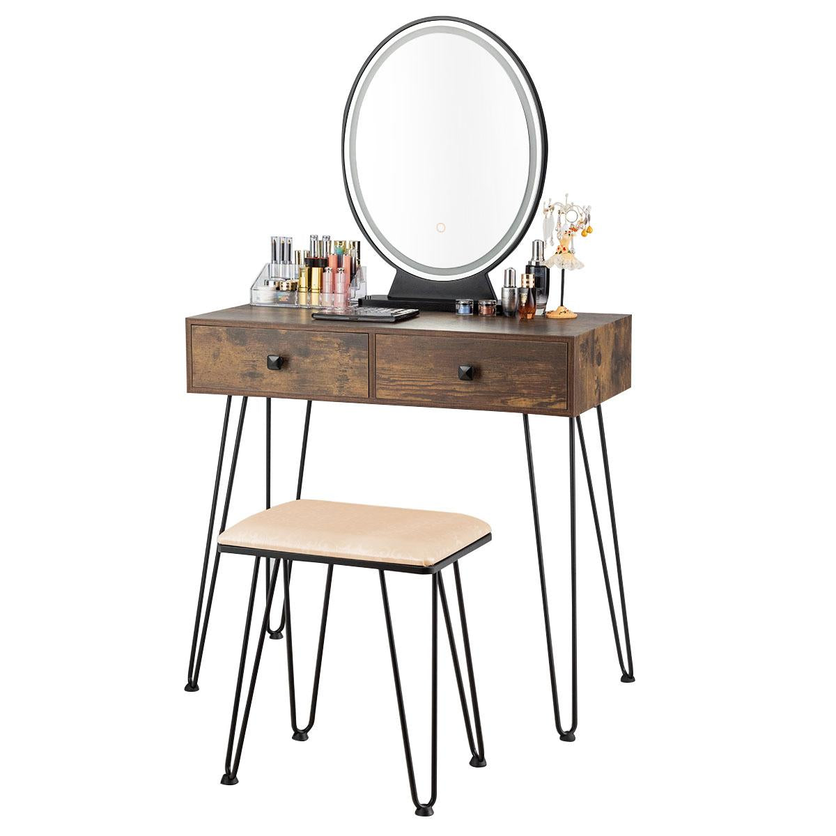 Giantex Vanity Table Set, Makeup Dressing Table w/3-Color Touch Screen Dimming Mirror, Additional Storage Organizer, Rustic Brown