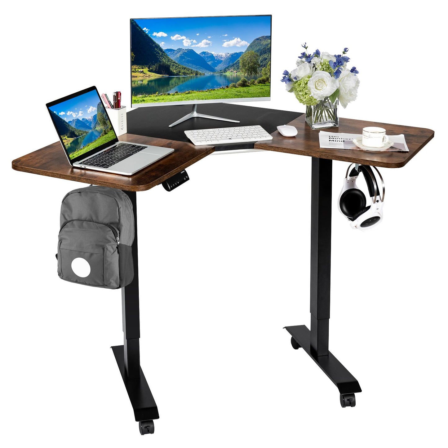 Giantex Electric Height Adjustable Desk, L-shaped Standing Computer Desk w/Rolling Casters, Sit-Stand Corner Desk for Home Office
