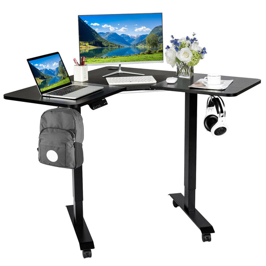 Giantex Electric Height Adjustable Desk, L-shaped Standing Computer Desk w/Rolling Casters, Sit-Stand Corner Desk for Home Office