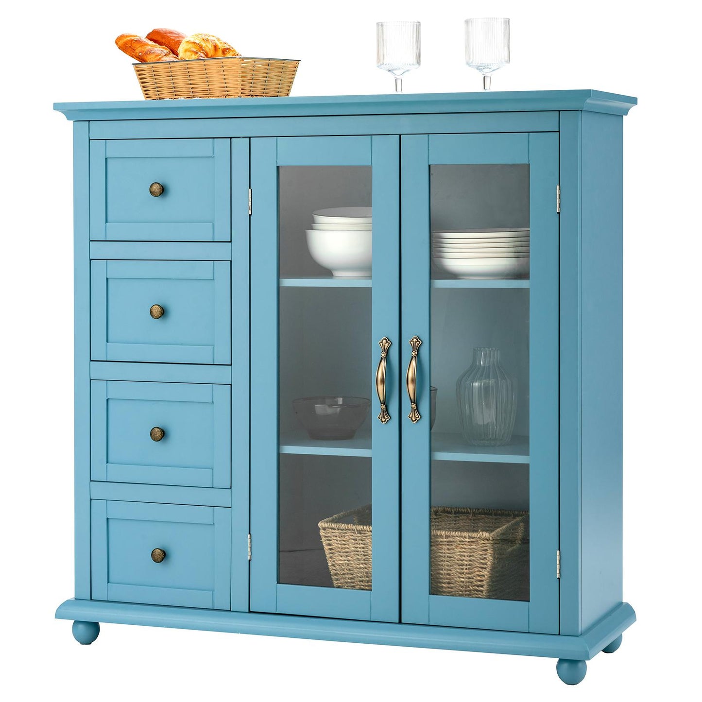 Giantex Sideboard Buffet Cabinet w/4 Drawers & Dual-Open Glass Doors, Kitchen Buffet Storage Cabinet, Blue
