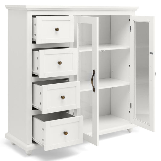Giantex Sideboard Buffet Cabinet w/4 Drawers & Dual-Open Glass Doors, Kitchen Buffet Storage Cabinet, White
