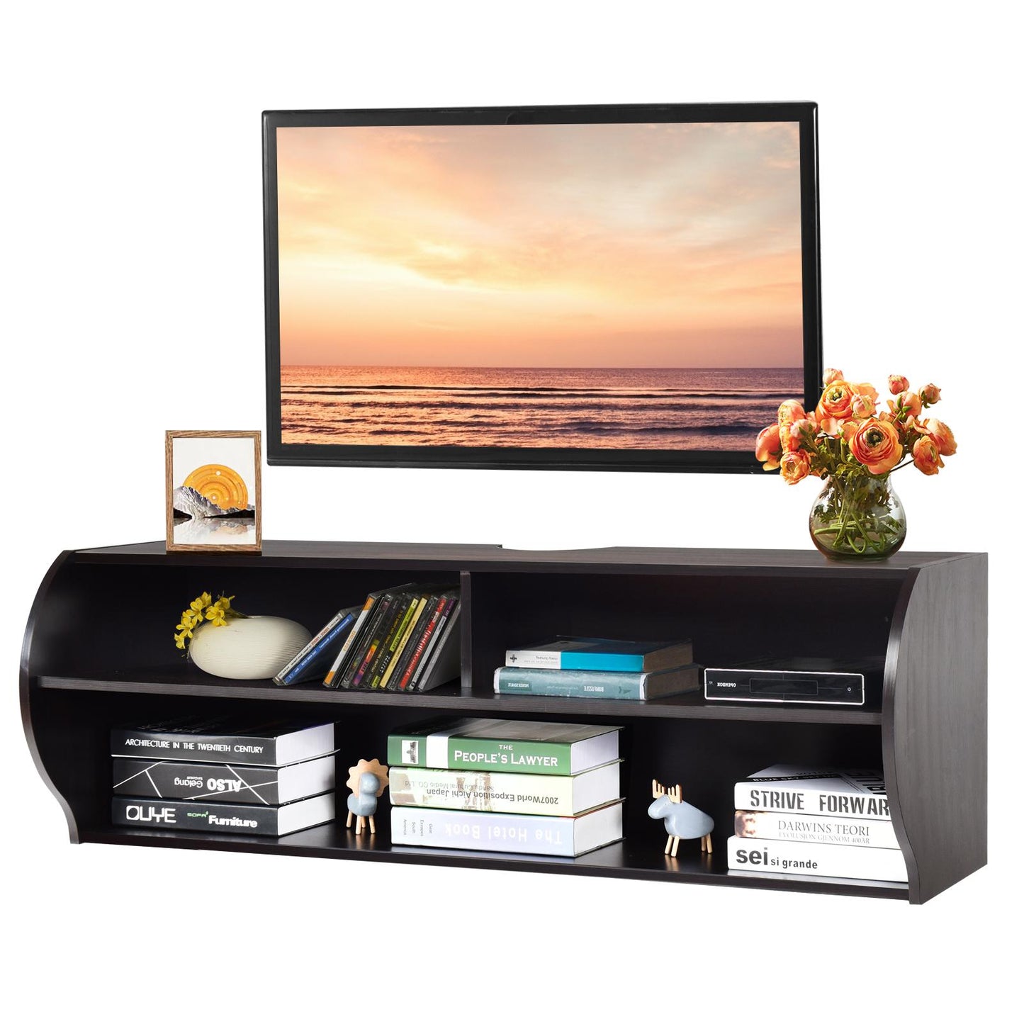 Giantex Wall Mounted TV Console, Modern Floating TV Cabinet w/2-Layer Open Storage Shelves, Television Media Player, Audio/Video TV Shelf Stand for Living Room, Bedroom, Coffee, Brown