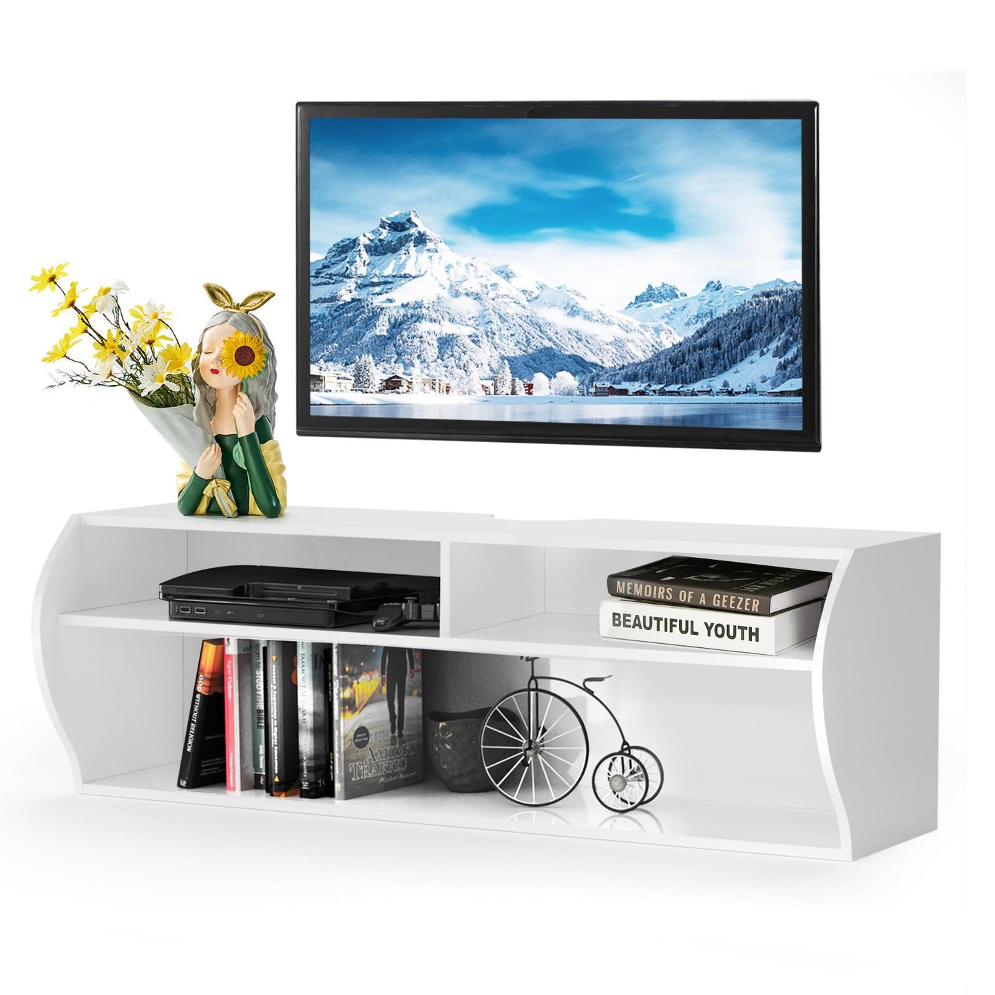 Giantex Wall Mounted TV Console, Modern Floating TV Cabinet w/2-Layer Open Storage Shelves, Television Media Player, Audio/Video TV Shelf Stand for Living Room, Bedroom, Coffee, White