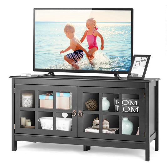 Giantex TV Cabinet, TV Console w/2 Glass Doors & Adjustable Shelf Cable Holes, Wooden Entertainment Center for Living Room Bedroom, Black
