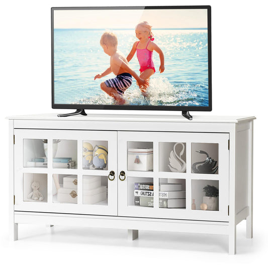 Giantex TV Cabinet, TV Console w/2 Glass Doors & Adjustable Shelf Cable Holes, Wooden Entertainment Center for Living Room Bedroom, White