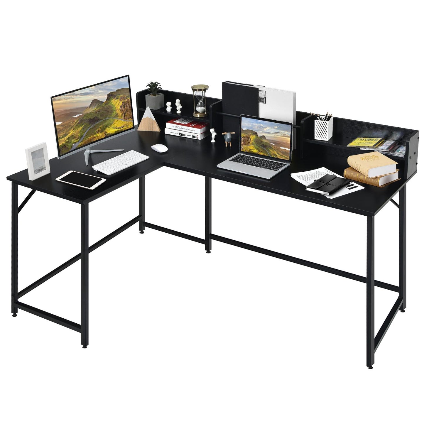 Giantex L-shaped Computer Desk w/Hutch, Space-saving Corner Computer Workstation, Industrial Gaming Table for Home Office Study Room, Black
