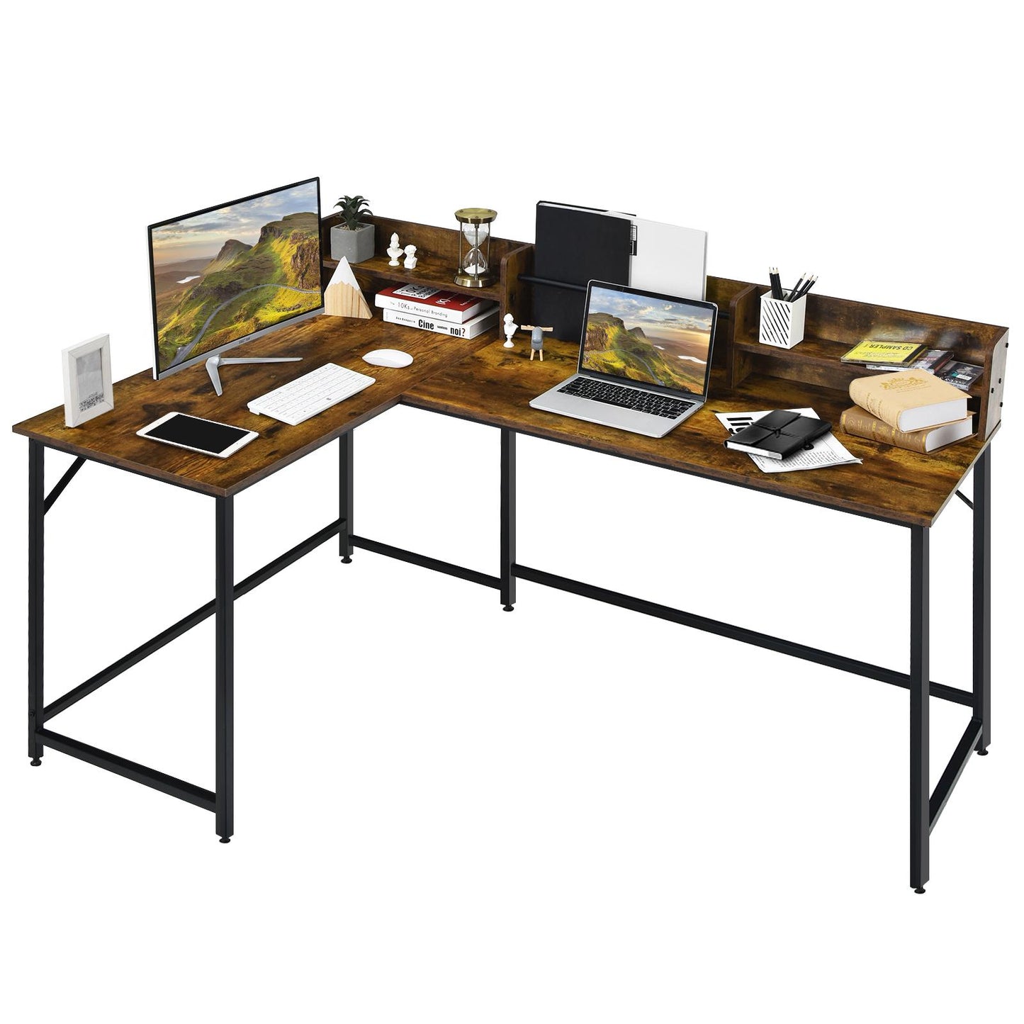 Giantex L-shaped Computer Desk w/Hutch, Space-saving Corner Computer Workstation, Industrial Gaming Table for Home Office Study Room, Brown