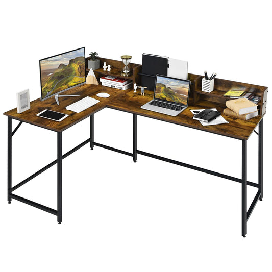 Giantex L-shaped Computer Desk w/Hutch, Space-saving Corner Computer Workstation, Industrial Gaming Table for Home Office Study Room, Brown