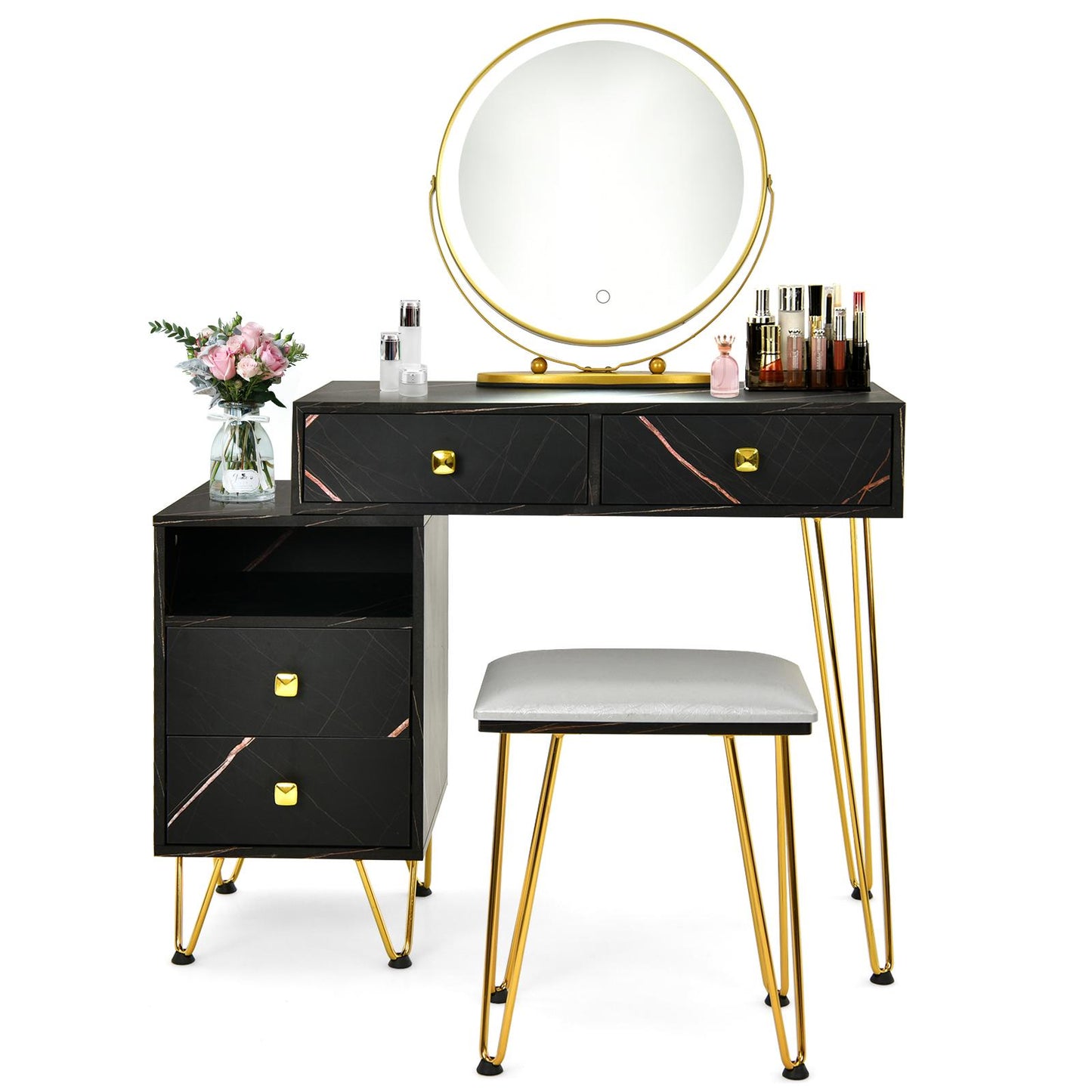Giantex Makeup Vanity Set w/Lighted Mirror, Modern Dressing Table w/Storage Cabinet, Adjustable Brightness & Touch Screen for Bedroom