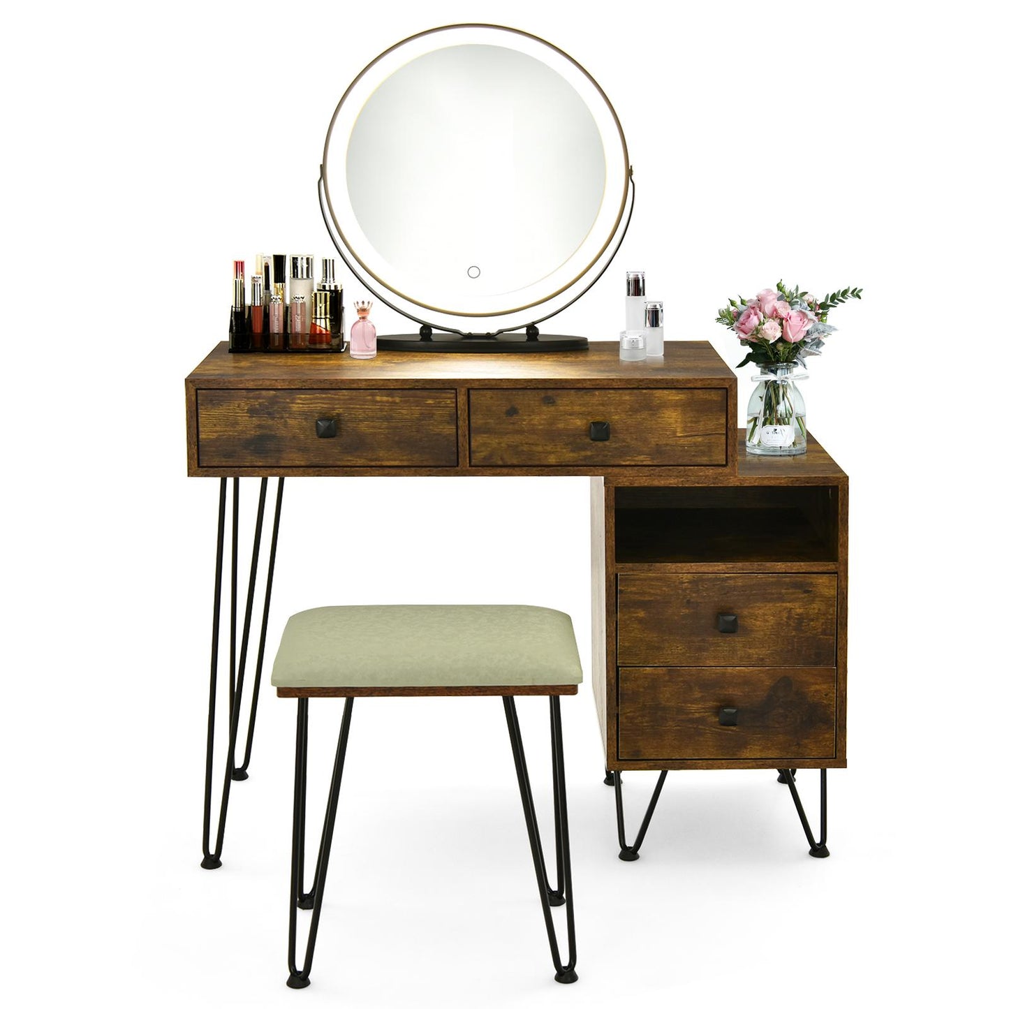 Giantex Makeup Vanity Set w/Lighted Mirror, Modern Dressing Table w/Storage Cabinet, Adjustable Brightness & Touch Screen for Bedroom