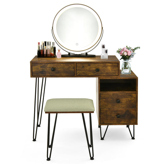 Giantex Makeup Vanity Set w/Lighted Mirror, Modern Dressing Table w/Storage Cabinet, Adjustable Brightness & Touch Screen for Bedroom