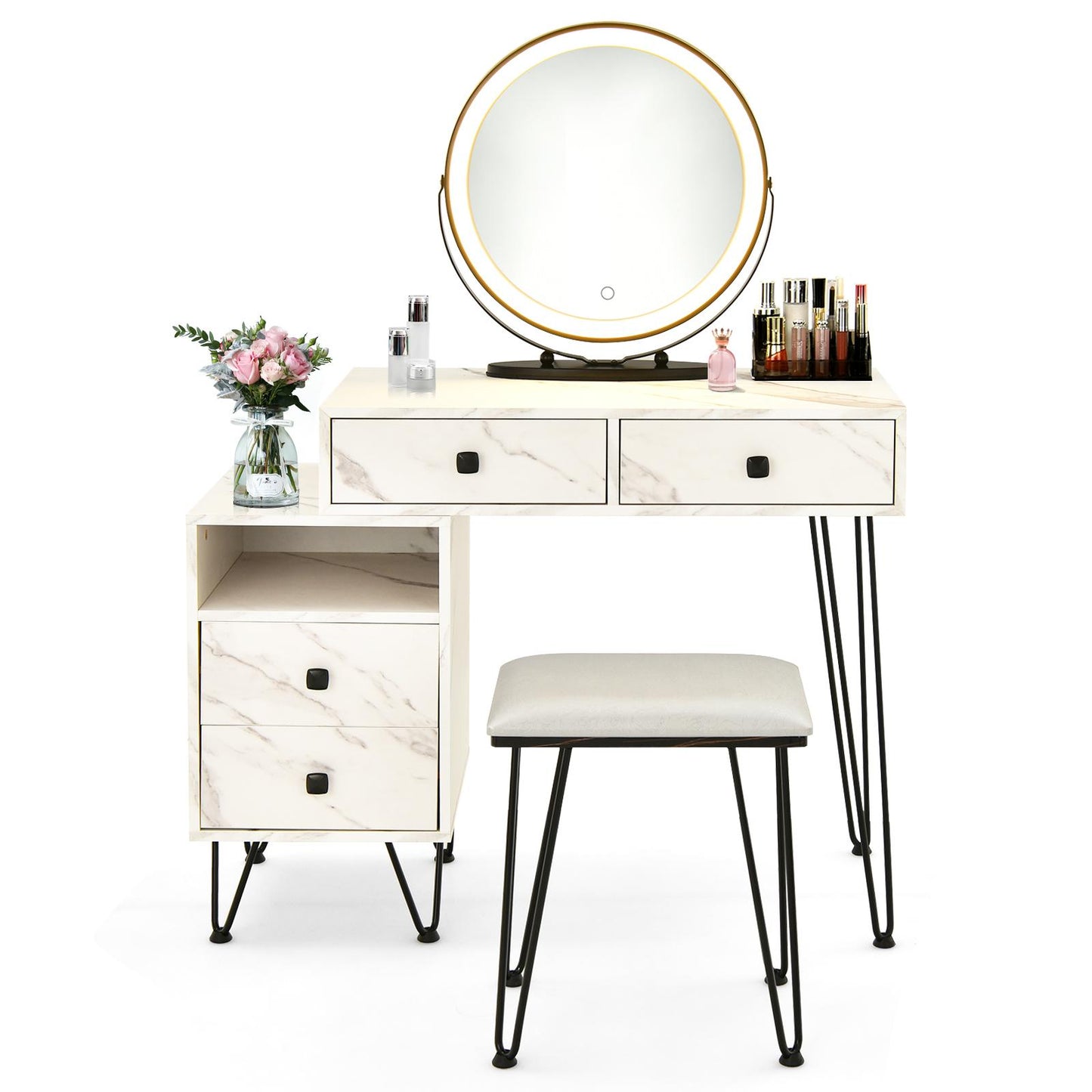 Giantex Makeup Vanity Set w/Lighted Mirror, Modern Dressing Table w/Storage Cabinet, Adjustable Brightness & Touch Screen for Bedroom
