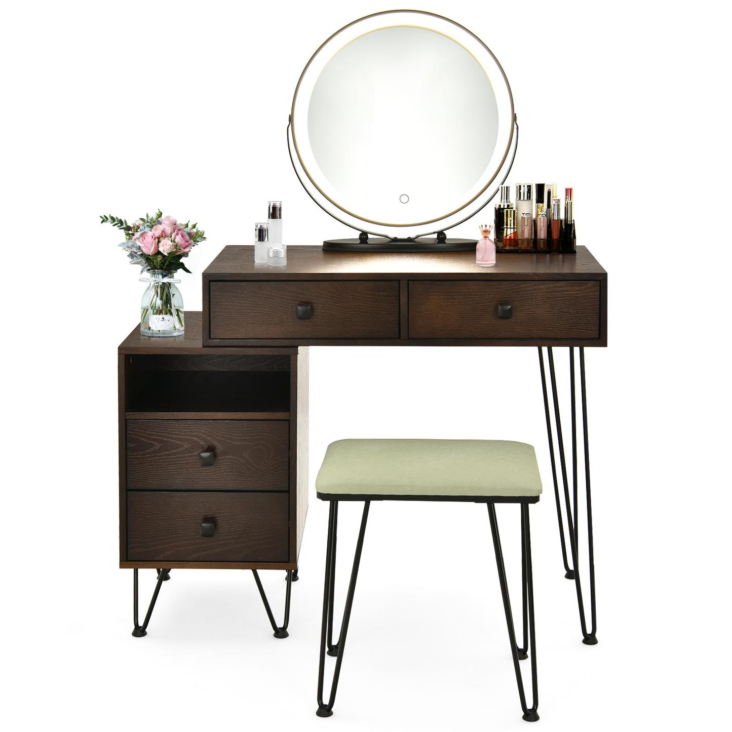 Giantex Makeup Vanity Set w/Lighted Mirror, Modern Dressing Table w/Storage Cabinet, Adjustable Brightness & Touch Screen for Bedroom