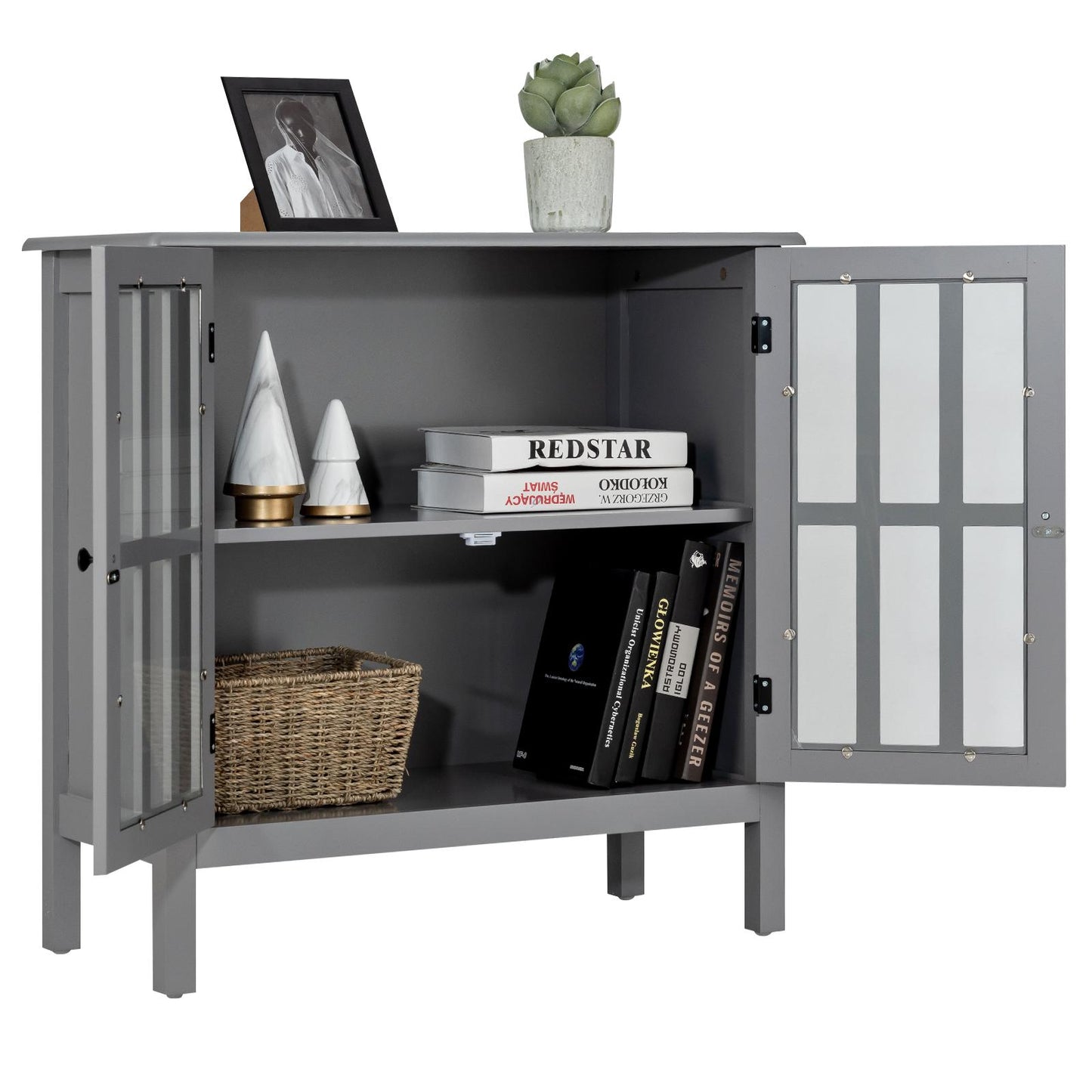 Giantex Console Cabinet, Kitchen Storage Cabinet w/Glass Door, Sideboard Console Table, Server Display Buffet Cabinet, Gray
