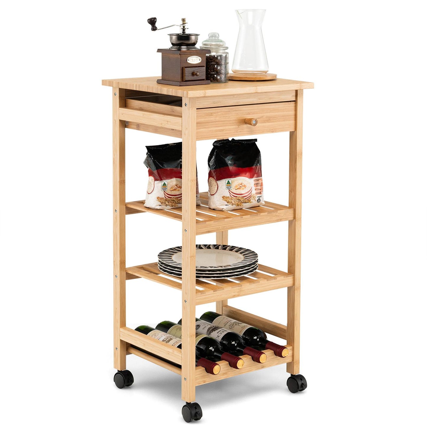 Giantex Bamboo Kitchen Trolley, 4-Tier Storage Utility Cart on Wheels w/Drawer & Wine Shelf, Locking Casters, Slatted Shelves, Sufficient Prep Top, Mobile Small Kitchen Island