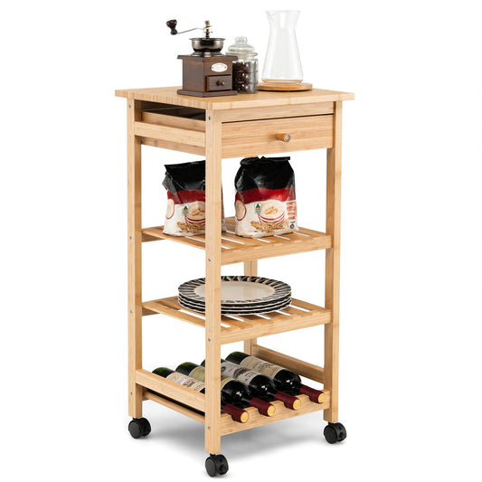 Giantex Bamboo Kitchen Trolley, 4-Tier Storage Utility Cart on Wheels w/Drawer & Wine Shelf, Locking Casters, Slatted Shelves, Sufficient Prep Top, Mobile Small Kitchen Island