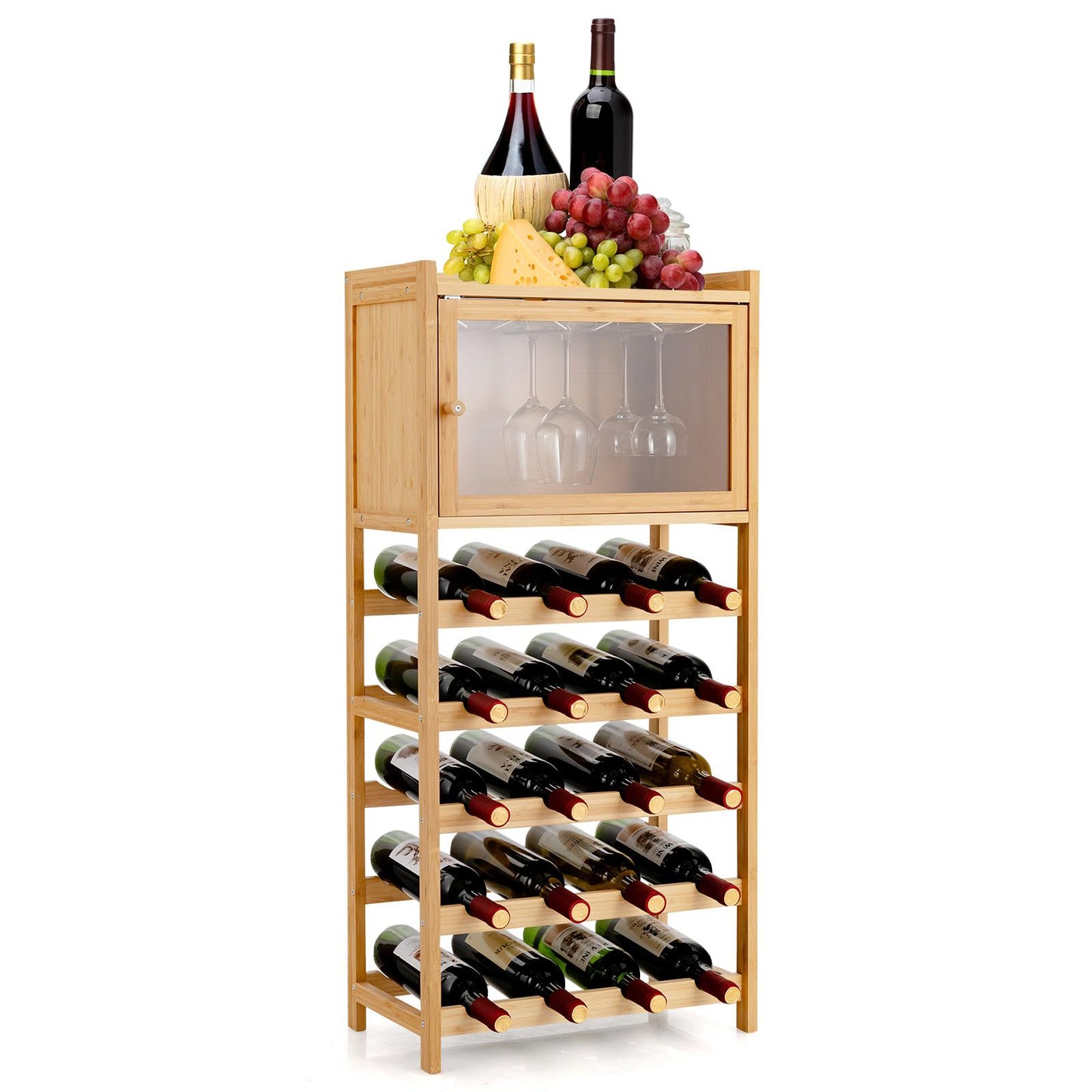 Giantex 100% Bamboo Wine Rack Cabinet,  20-Bottle Freestanding Wine Storage Racks, 5-Tier Transparent Wine Organizer