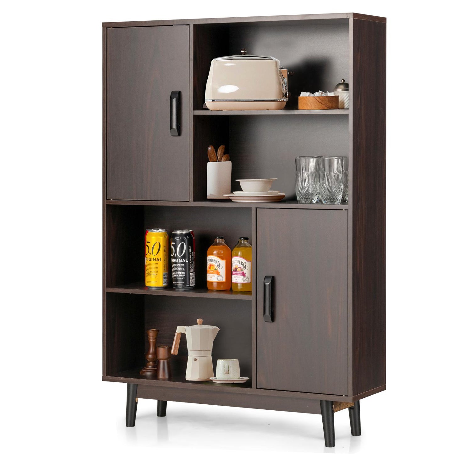 Giantex Storage Cabinet w/Doors & Anti-Tipping Device, 4-Tier Bookshelf, Tall Cupboard in Bedroom, Living Room, Kitchen