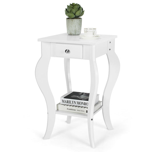 Giantex End Table, Nightstand w/Drawer & Shelf, Accent Sofa Side Table w/Curved Legs, 2-Tier Bedside Table Home Furniture, White