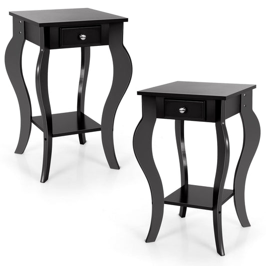 Giantex End Table, Nightstand w/Drawer & Shelf, Accent Sofa Side Table w/Curved Legs, 2-Tier Bedside Table Home Furniture(2, Black)