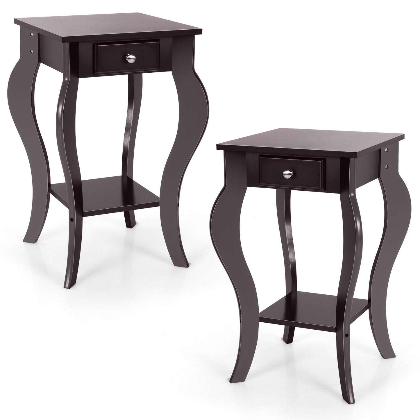 Giantex End Table, Nightstand w/Drawer & Shelf, Accent Sofa Side Table w/Curved Legs, 2-Tier Bedside Table Home Furniture(2, Brown)