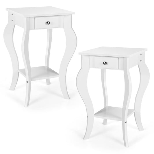 Giantex End Table, Nightstand w/Drawer & Shelf, Accent Sofa Side Table w/Curved Legs, 2-Tier Bedside Table Home Furniture(2, White)