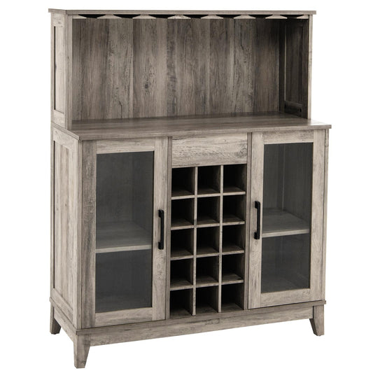 Giantex Wine Bar Cabinet, Liquor Cabinet w/Removable Wine Rack, Farmhouse Buffet Sideboard Storage Cabinet w/Adjustable Shelves & Tempered Glass Doors, Grey
