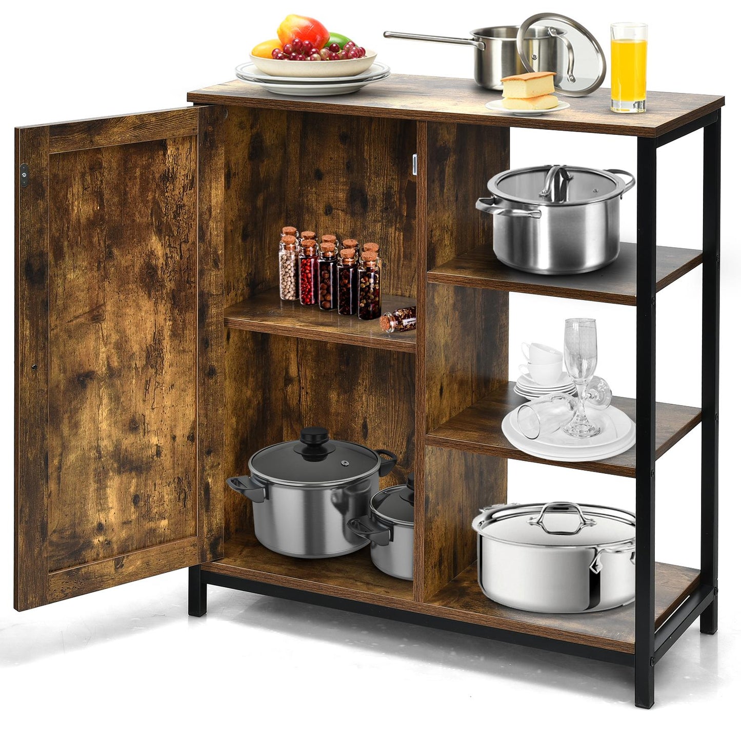 Giantex  Industrial Storage Cabinet, Free Standing Cupboard w/3 Open Shelves & Door, Multifunctional Floor Sideboard