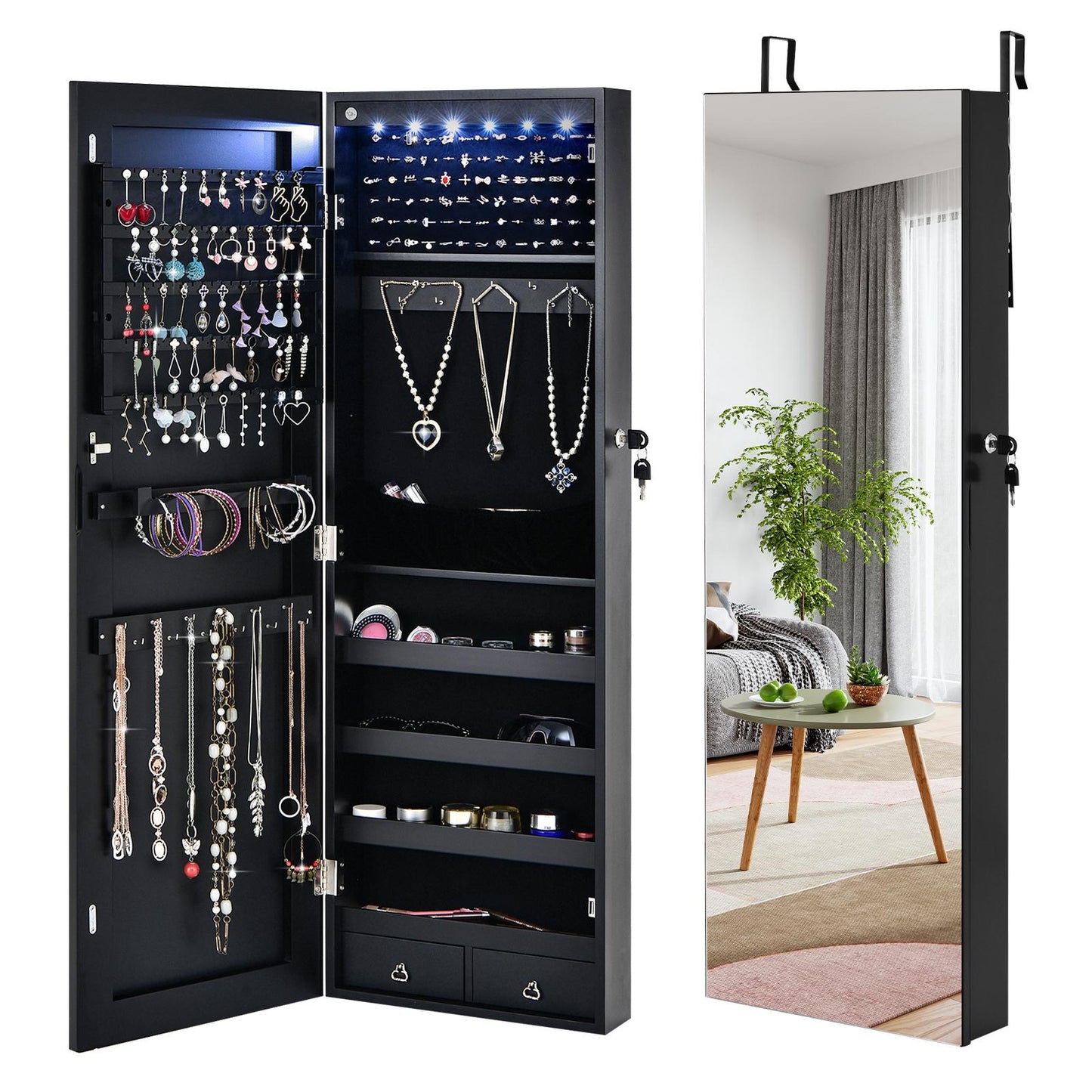 Giantex 2-in-1 Jewelry Armoire, Wall/Door Mounted Jewelry Cabinet W/Full-Length Mirror & LED Light, Lockable Jewelry Organizer W/Large Storage Space