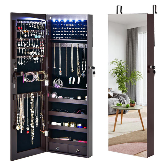Giantex 2-in-1 Jewelry Armoire, Wall/Door Mounted Jewelry Cabinet W/Full-Length Mirror & LED Light, Lockable Jewelry Organizer W/Large Storage Space