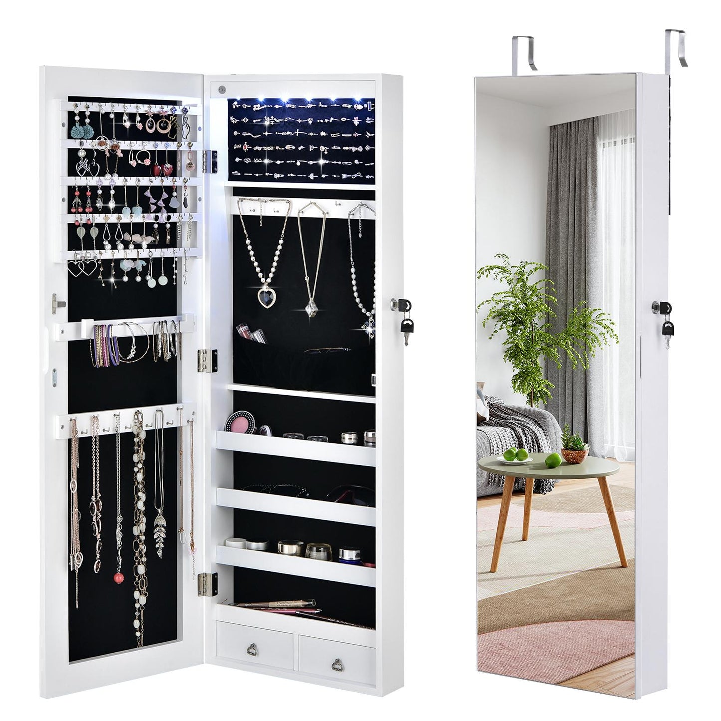 Giantex 2-in-1 Jewelry Armoire, Wall/Door Mounted Jewelry Cabinet W/Full-Length Mirror & LED Light, Lockable Jewelry Organizer W/Large Storage Space