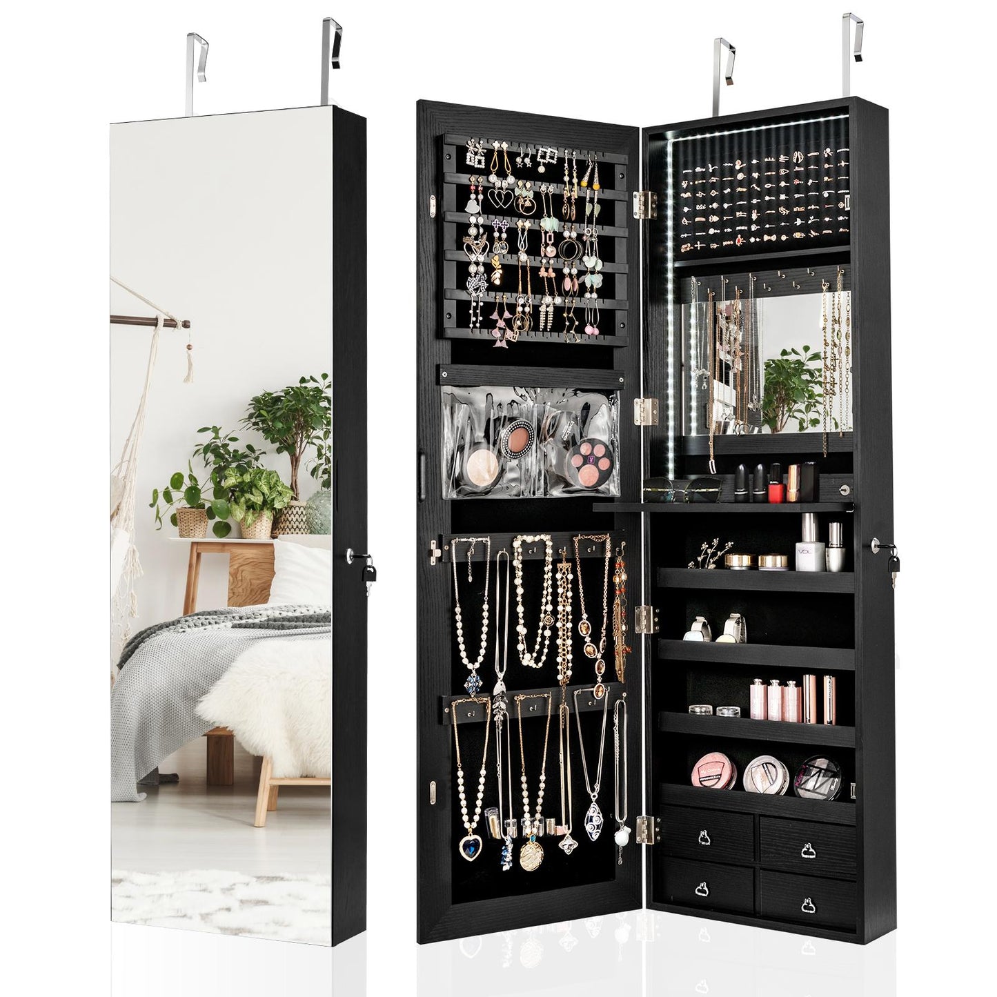 Giantex LED Strip Jewelry Armoire, Wall/Door Mounted Jewelry Organizer w/Full Length Mirror & Large Storage Space, Black
