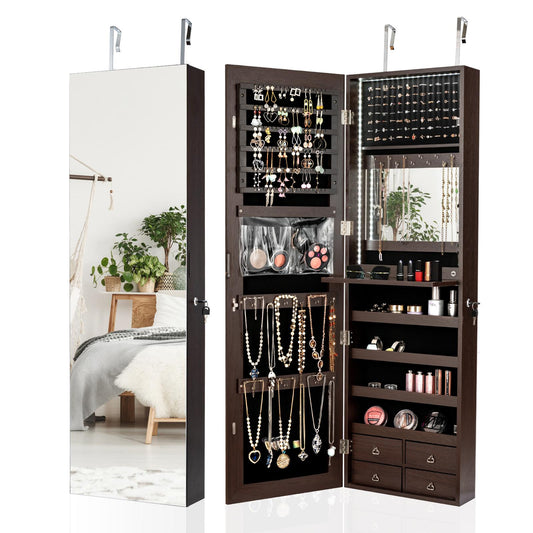 Giantex LED Strip Jewelry Armoire, Wall/Door Mounted Jewelry Organizer w/Full Length Mirror & Large Storage Space, Brown