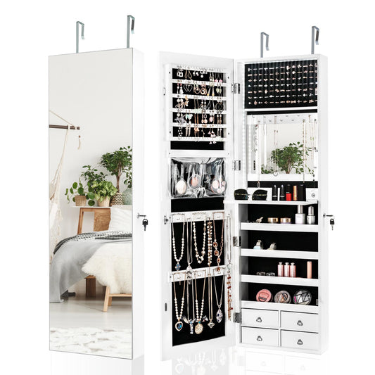 Giantex LED Strip Jewelry Armoire, Wall/Door Mounted Jewelry Organizer w/Full Length Mirror & Large Storage Space, White